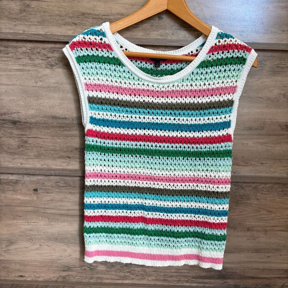 Talbots P Sleeveless Open Knit Striped Top Boardwalk Preppy Old Money Artsy Chic
